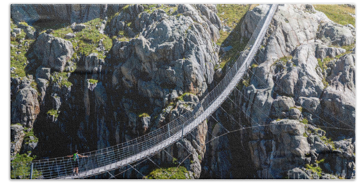 Triftsee Bridge Bath Towel featuring the photograph Triftsee Suspension Bridge - Swiss Alps by Gary Whitton