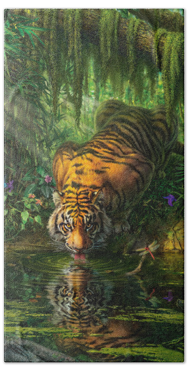 Bambootiger Dragonfly Butterfly Bengal Tiger India Rainforest Junglefredrickson Snail Water Lily Orchid Flowers Vines Snake Viper Pit Viper Frog Toad Palms Pond River Moss Tiger Paintings Jungle Tigers Tiger Art Hand Towel featuring the digital art Aurora's Garden by Mark Fredrickson