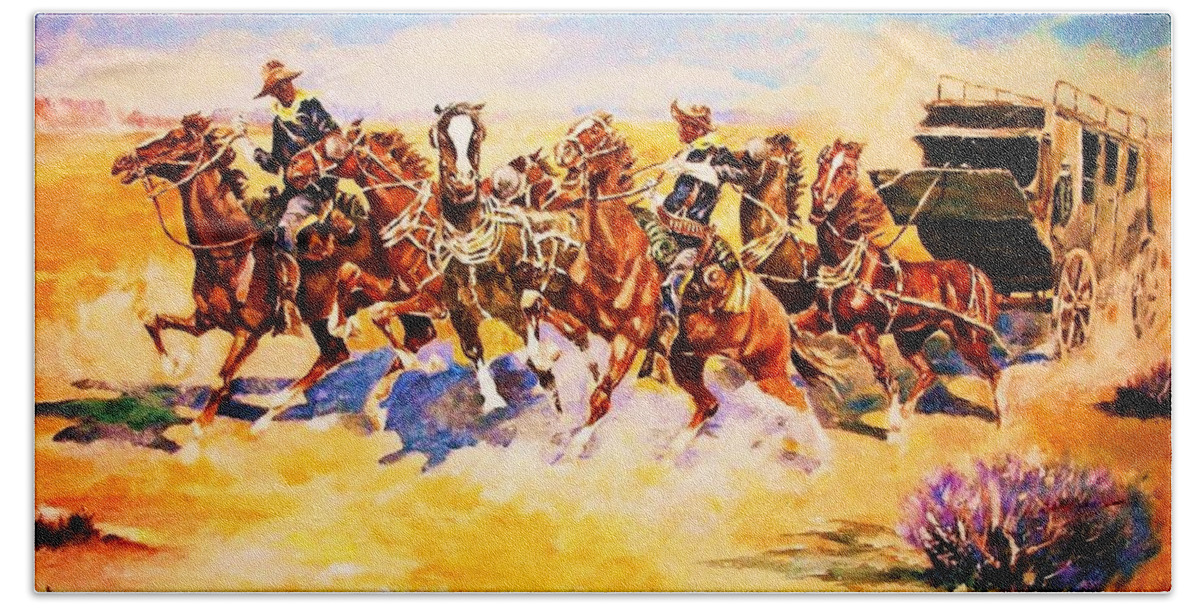 Cavalry Hand Towel featuring the painting Troopers Stopping a Runaway Coach by Al Brown