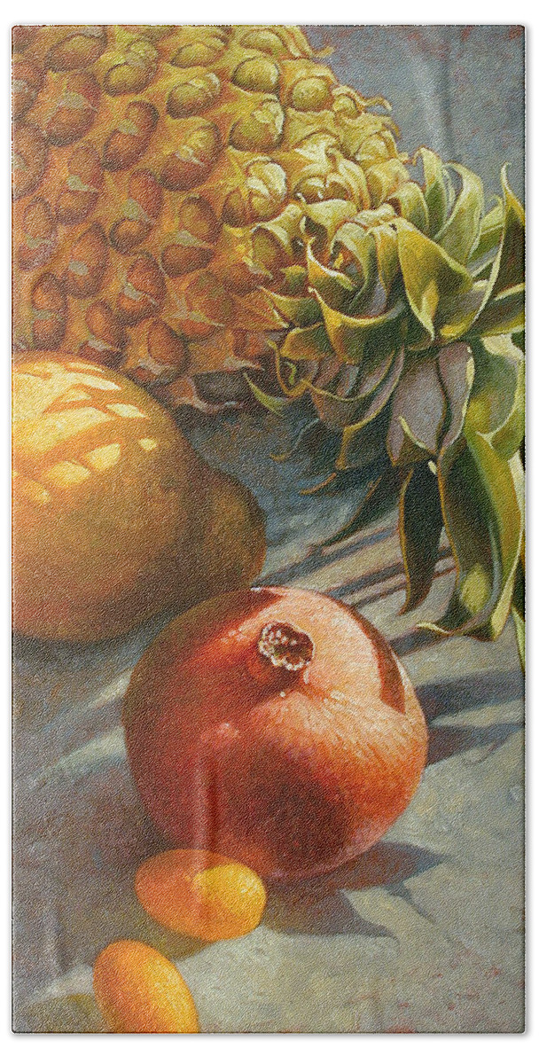Still Life Hand Towel featuring the painting Tropical Fruit by Mia Tavonatti