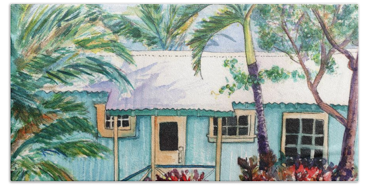 Kauai Cottage Hand Towel featuring the painting Tropical Vacation Cottage by Marionette Taboniar
