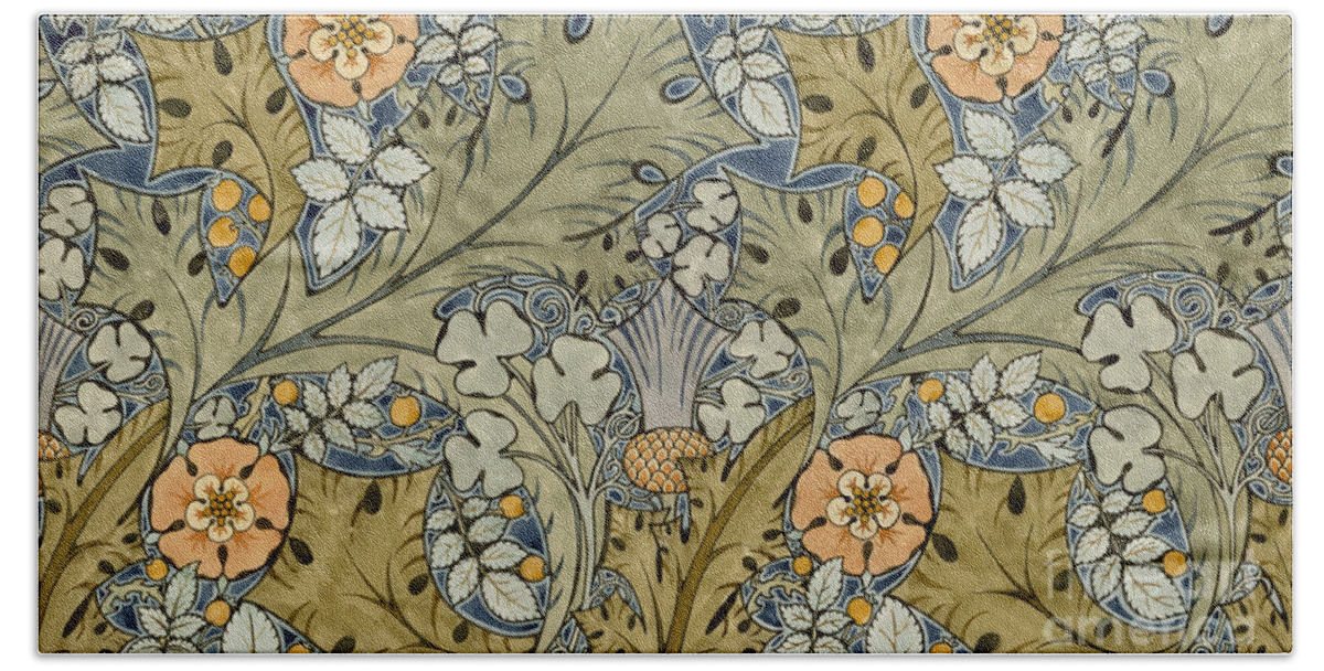 Voysey Hand Towel featuring the painting Tudor roses thistles and shamrock by Voysey