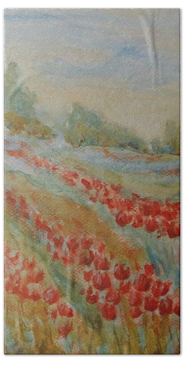 Landscape Hand Towel featuring the painting Tulip Field by Jane See