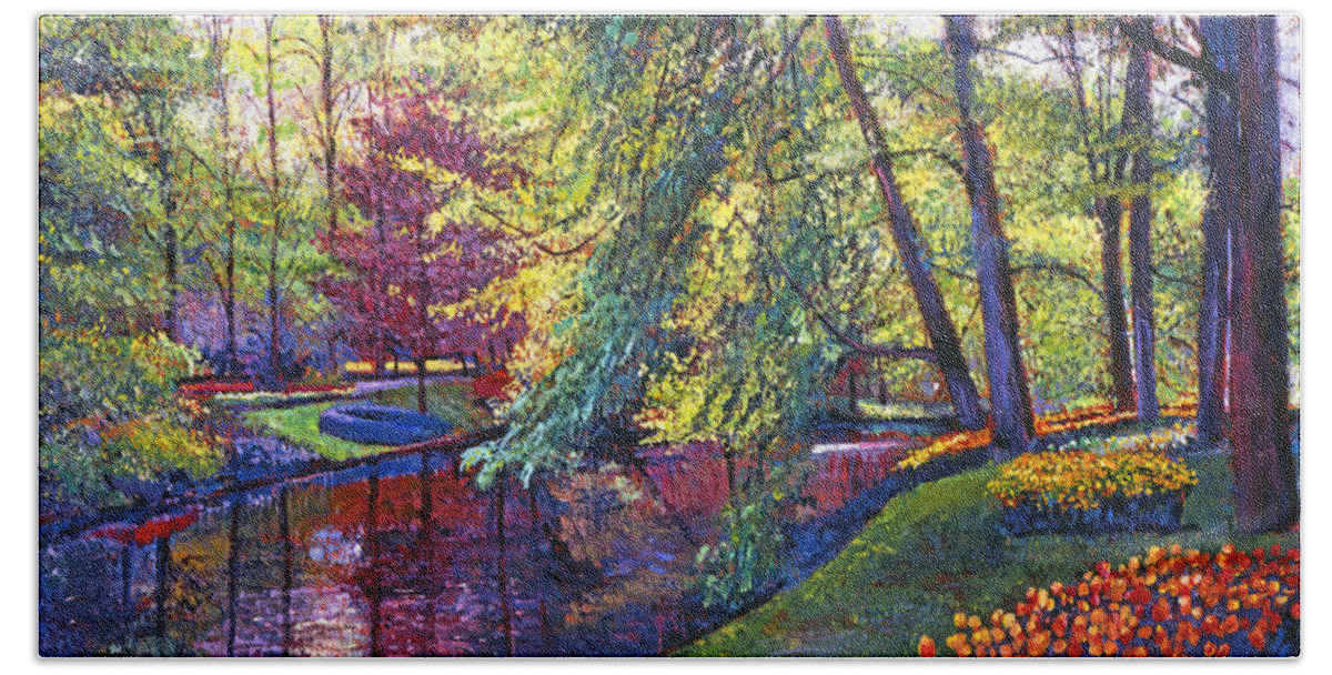 Landscape Bath Towel featuring the painting Tulip Park by David Lloyd Glover