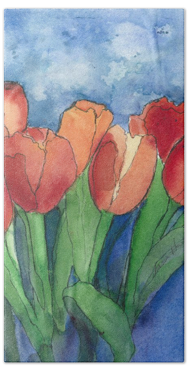 Red And Orange Tulips Bath Towel featuring the painting Tulips After the Rain by Maria Hunt