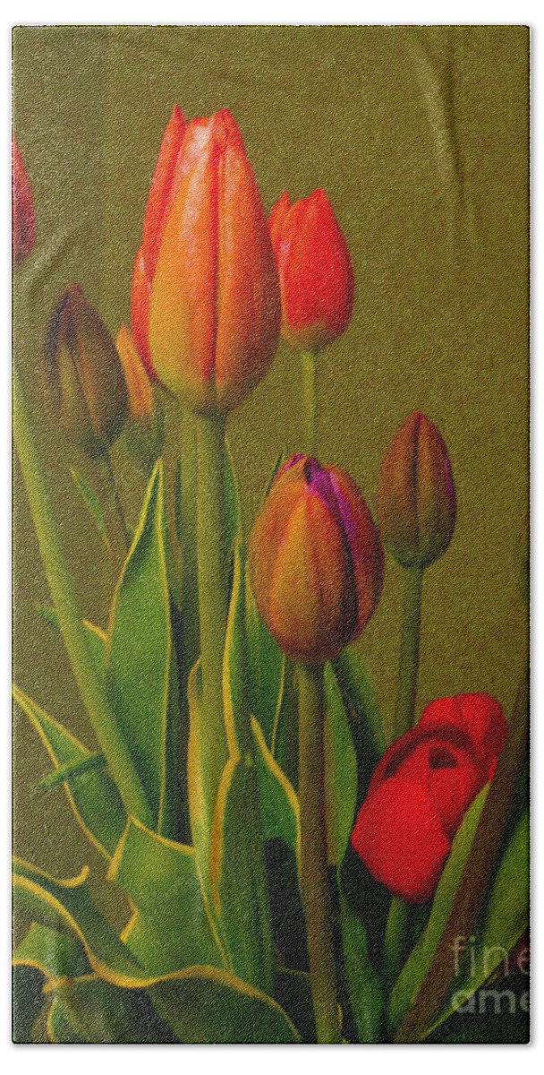 Tulips Hand Towel featuring the photograph Tulips Against Green by Nina Silver