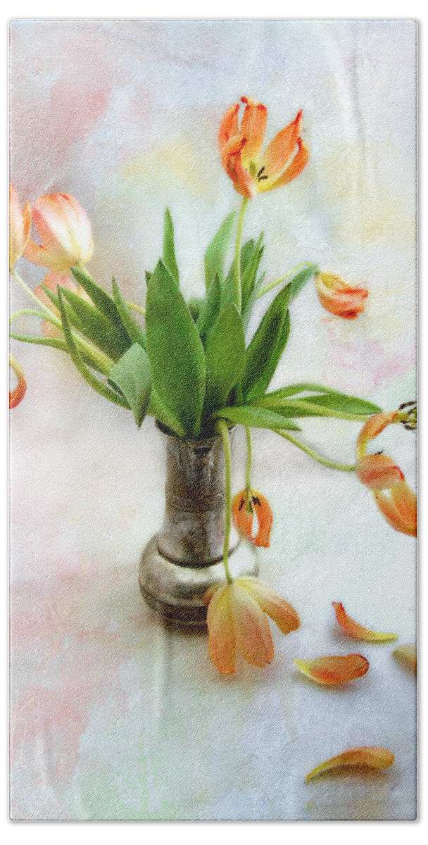 Tulips. Tulip. Flowers Bath Towel featuring the photograph Tulips in an Old Silver Pitcher by Louise Kumpf