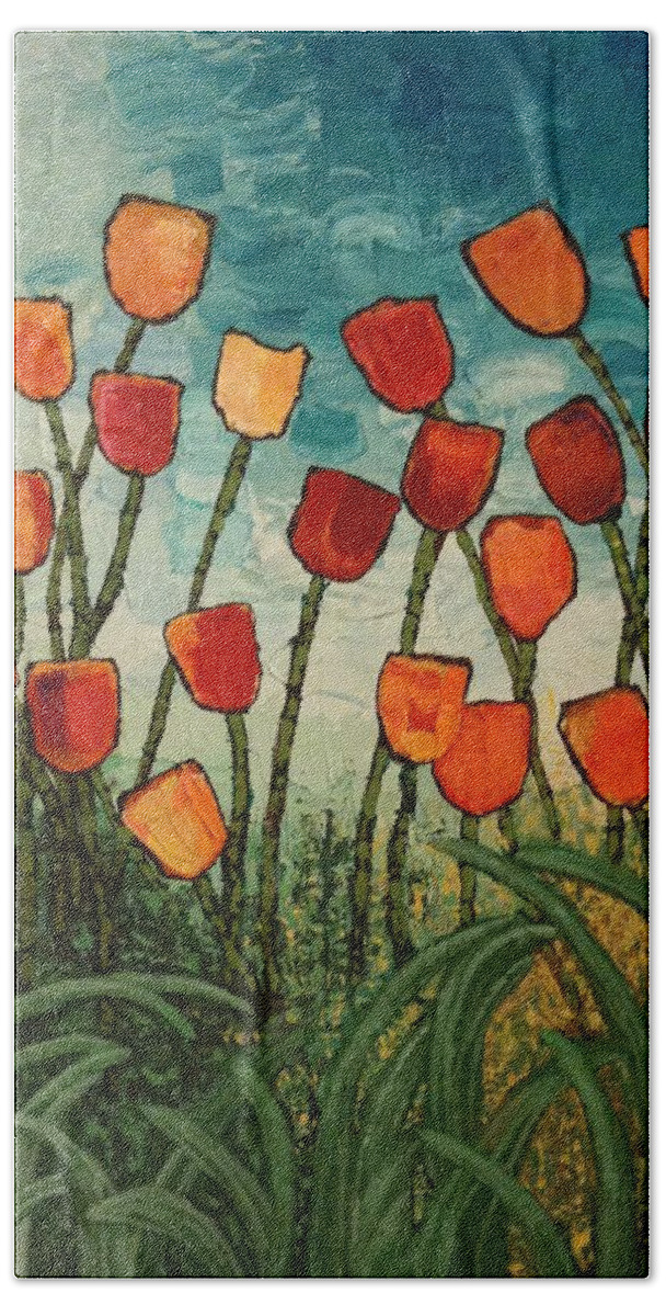 Red Bath Towel featuring the painting Tulips by Linda Bailey