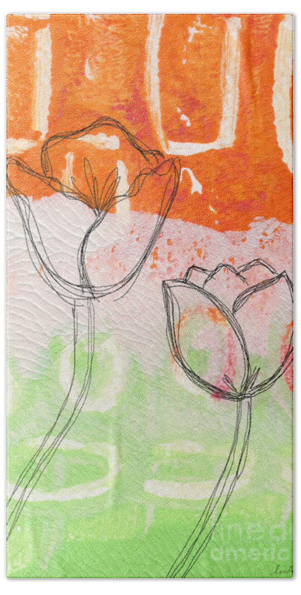 Abstract Hand Towel featuring the mixed media Tulips by Linda Woods