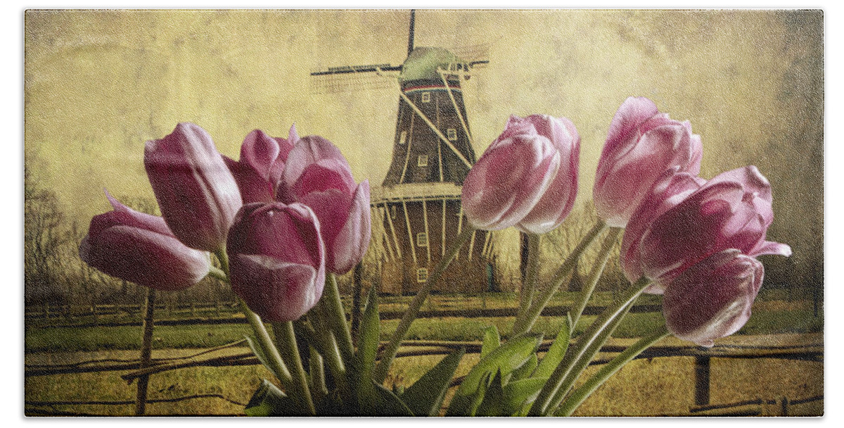 Art Bath Towel featuring the photograph Tulips with the DeZwaan Windmill in Holland Michigan No. 105 by Randall Nyhof