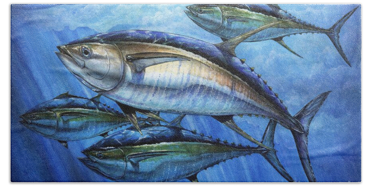 Yellowfin Tuna. Atun Hand Towel featuring the painting Tuna In Advanced by Terry Fox