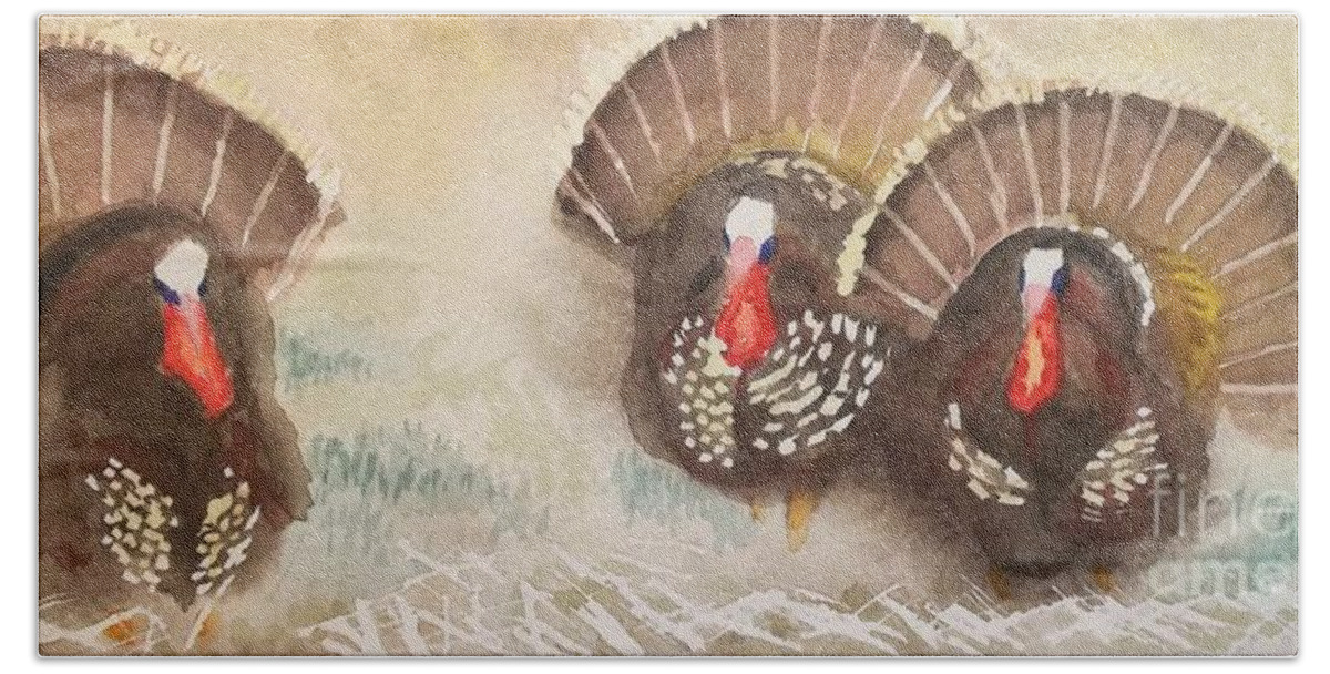 Bird Bath Towel featuring the painting Turkeys by Yoshiko Mishina
