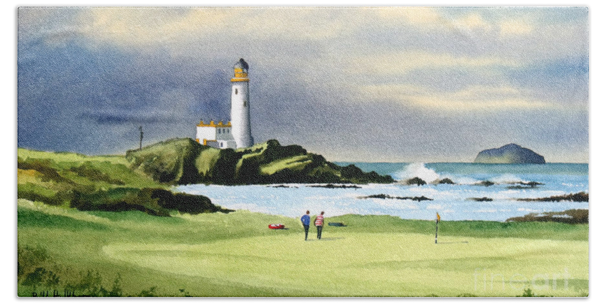 Turnberry Golf Course Hand Towel featuring the painting Turnberry Golf Course Scotland 10th Green by Bill Holkham