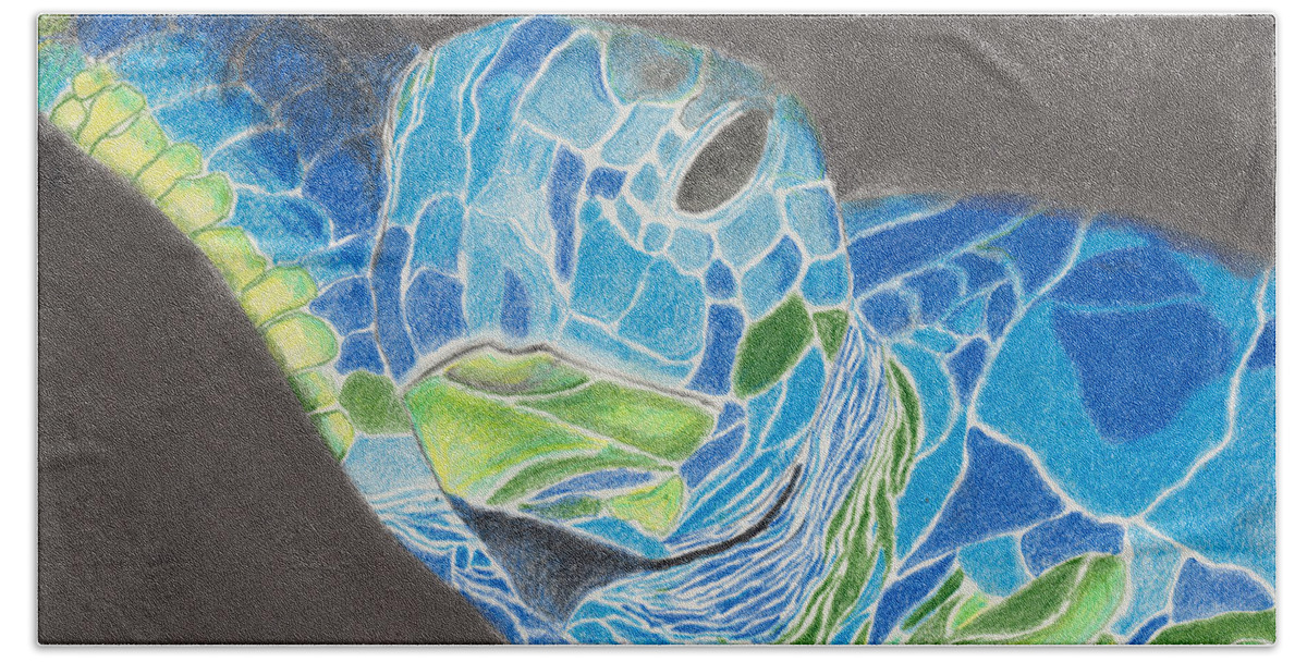 Sea Turtle Bath Towel featuring the drawing Turtle in Blue and Green by David Jackson