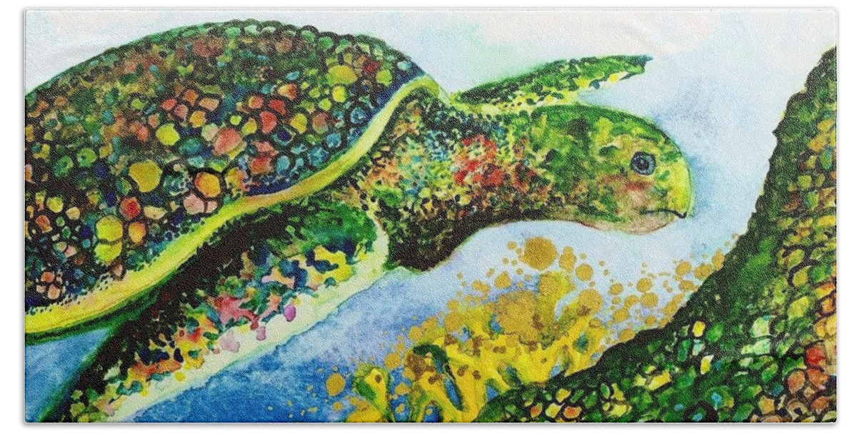 Nature Hand Towel featuring the painting Turtle Love by Frances Ku