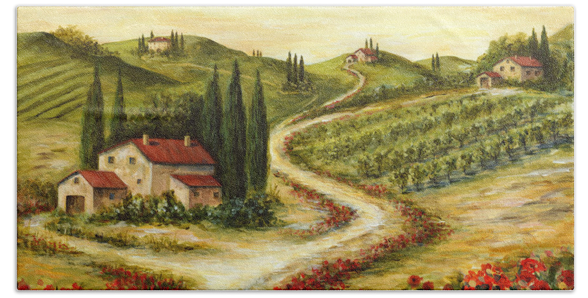 Tuscany Hand Towel featuring the painting Tuscan road With Poppies by Marilyn Dunlap