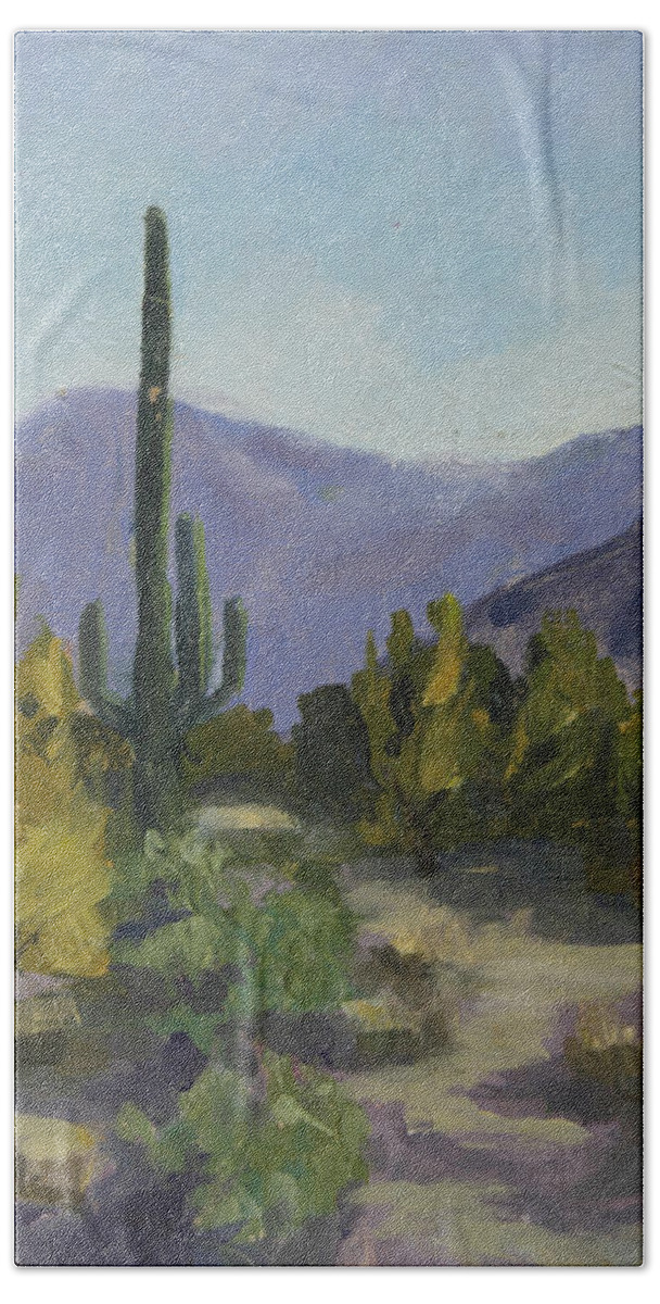 Saguaro Bath Towel featuring the painting The Serene Desert by Maria Hunt