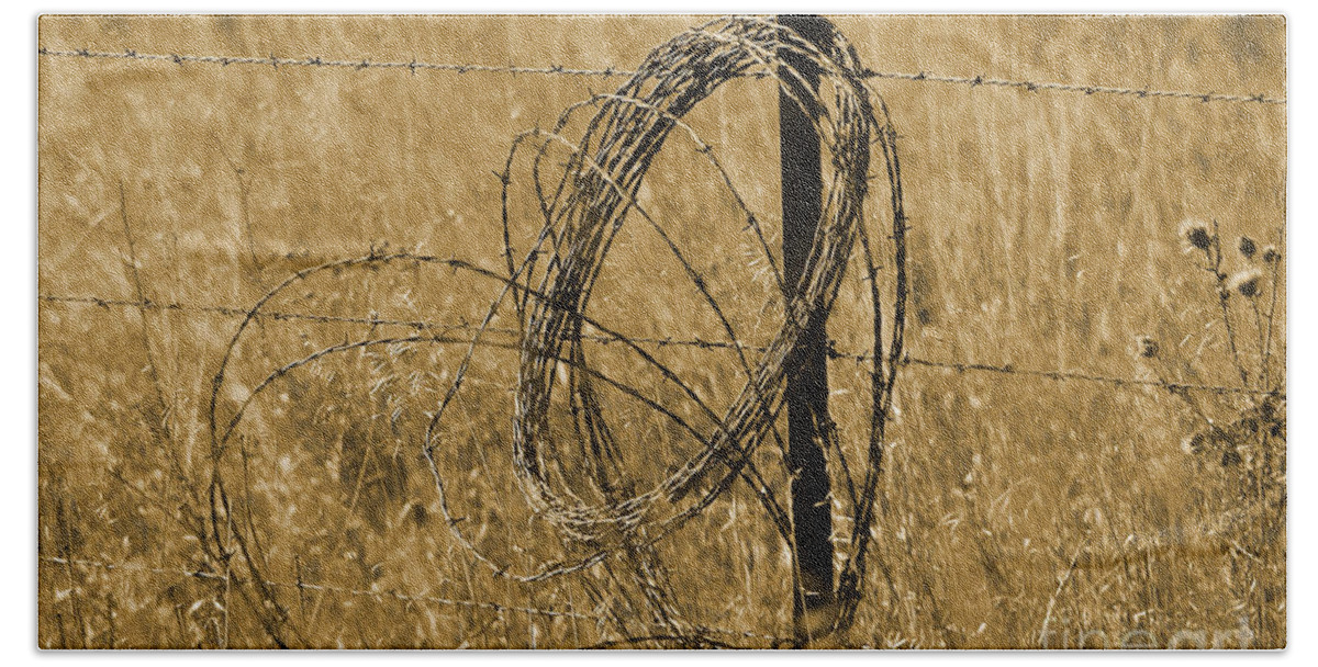Fence Hand Towel featuring the photograph Twisted - Sepia by Mary Carol Story