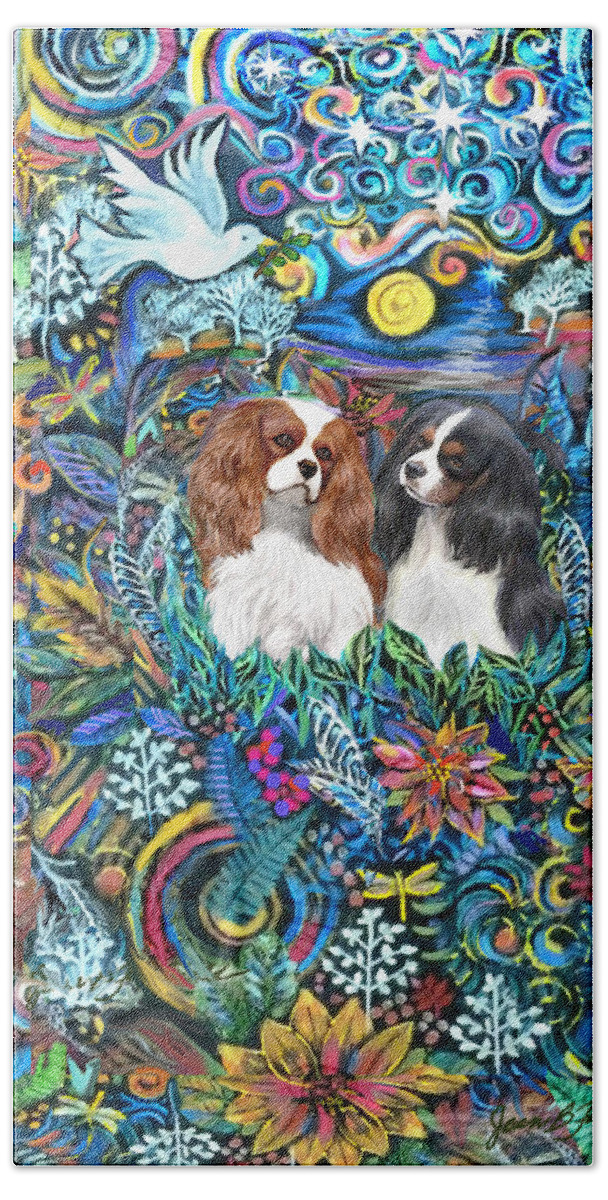 Cavalier King Charles Spaniel Hand Towel featuring the painting Two Cavaliers in a Garden by Jean Batzell Fitzgerald