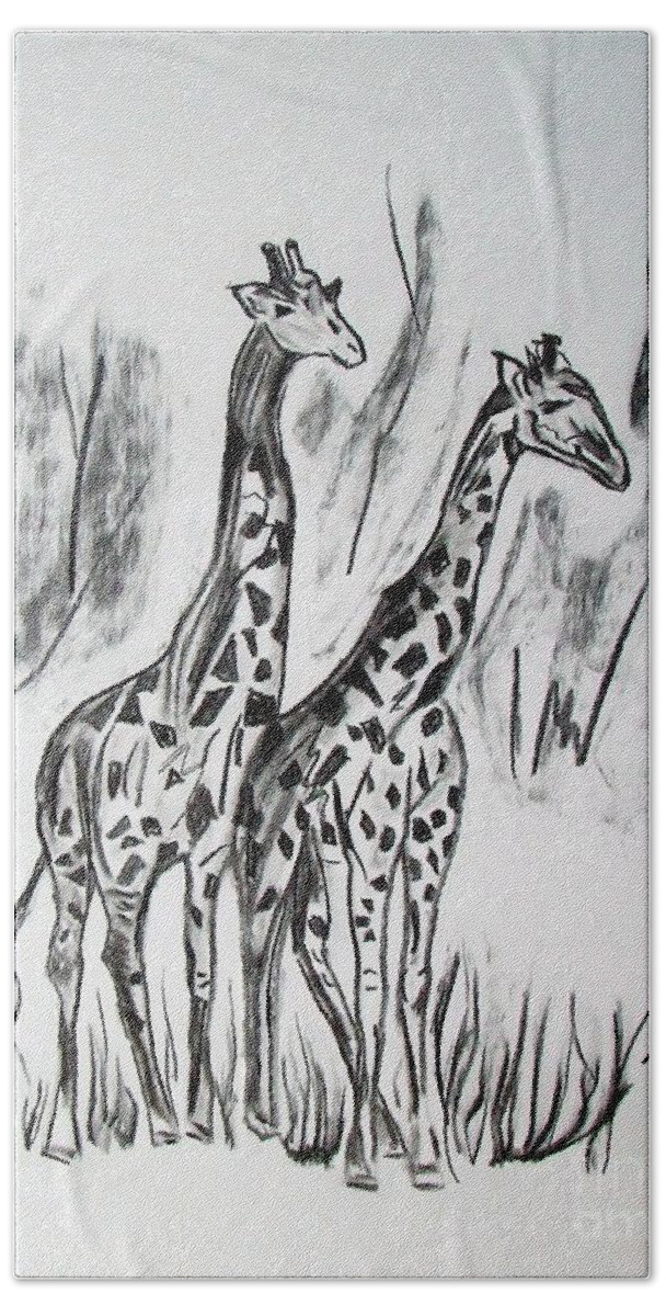 Africa Hand Towel featuring the drawing Two Giraffe's in Graphite by Janice Pariza