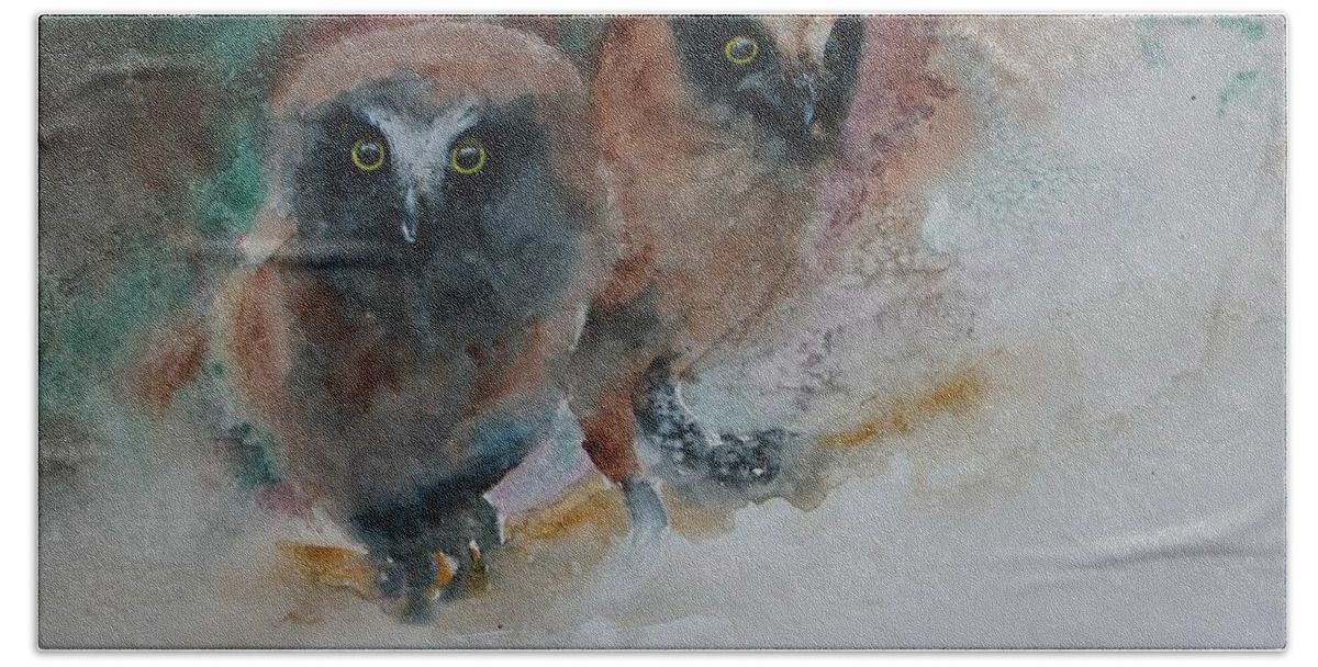 Owls Bath Towel featuring the painting Two Hoots by Ruth Kamenev