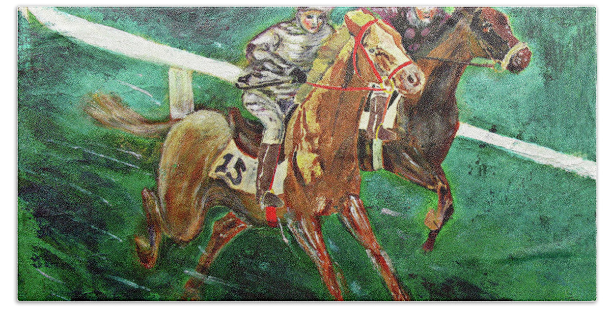 Horse Bath Towel featuring the painting Two Horse Race by Tom Conway