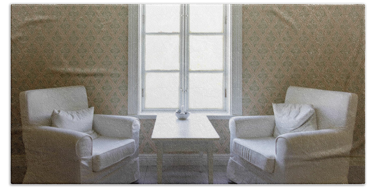 Architecture Bath Towel featuring the photograph Two Interior Chairs A Table And A Window by Jo Ann Tomaselli