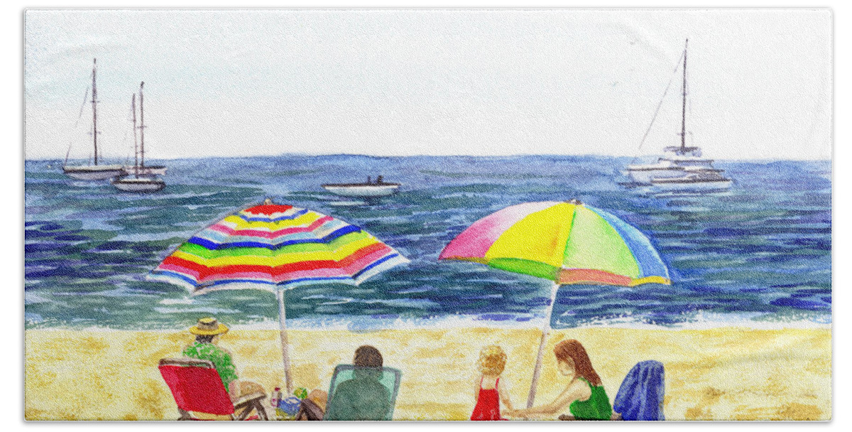 California Bath Towel featuring the painting Two Umbrellas On The Beach California by Irina Sztukowski