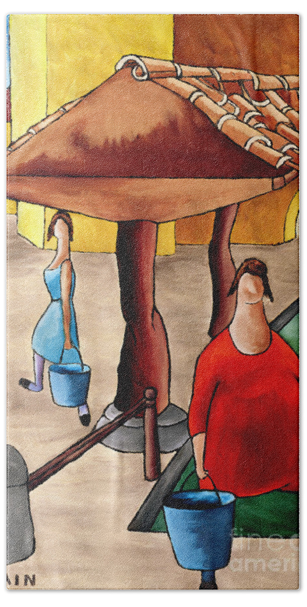 Women With Buckets Bath Towel featuring the painting Two Women With Buckets by William Cain