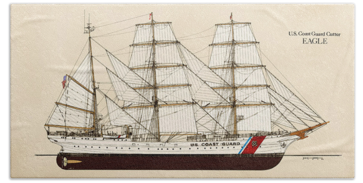 Uscg Bath Towel featuring the drawing U. S. Coast Guard Cutter Eagle - Color by Jerry McElroy