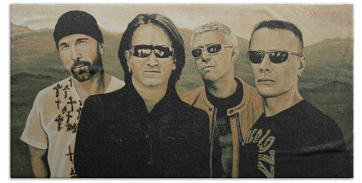 U2 Bath Sheet featuring the painting U2 Silver And Gold by Paul Meijering