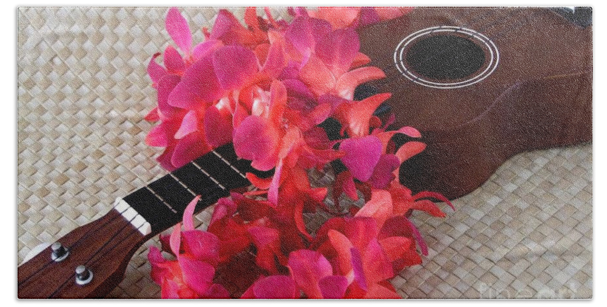 Ukulele Bath Towel featuring the photograph Ukulele and Red Lei by Mary Deal