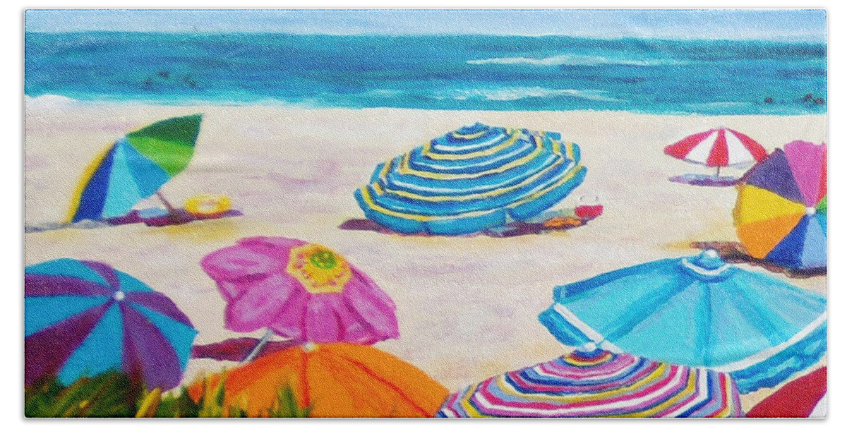 Beach Umbrellas Bath Towel featuring the painting Umbrellas 1 by Anne Marie Brown