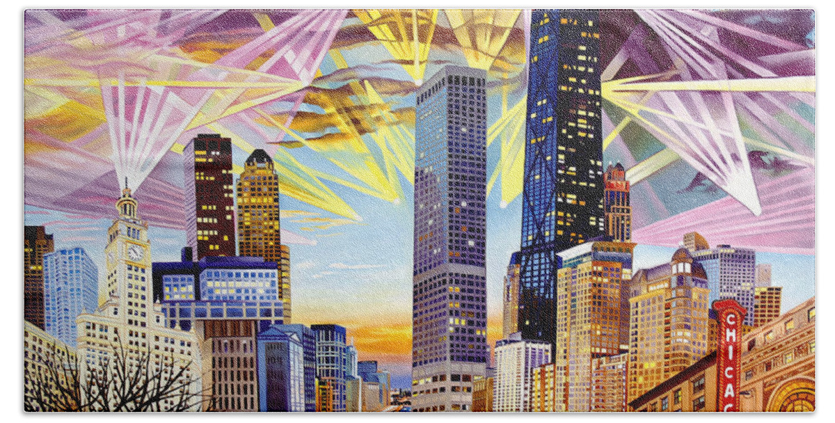 Umphrey's Mcgee Hand Towel featuring the painting Umphrey's McGee-As the Lights Wrapped Around Chicago by Joshua Morton