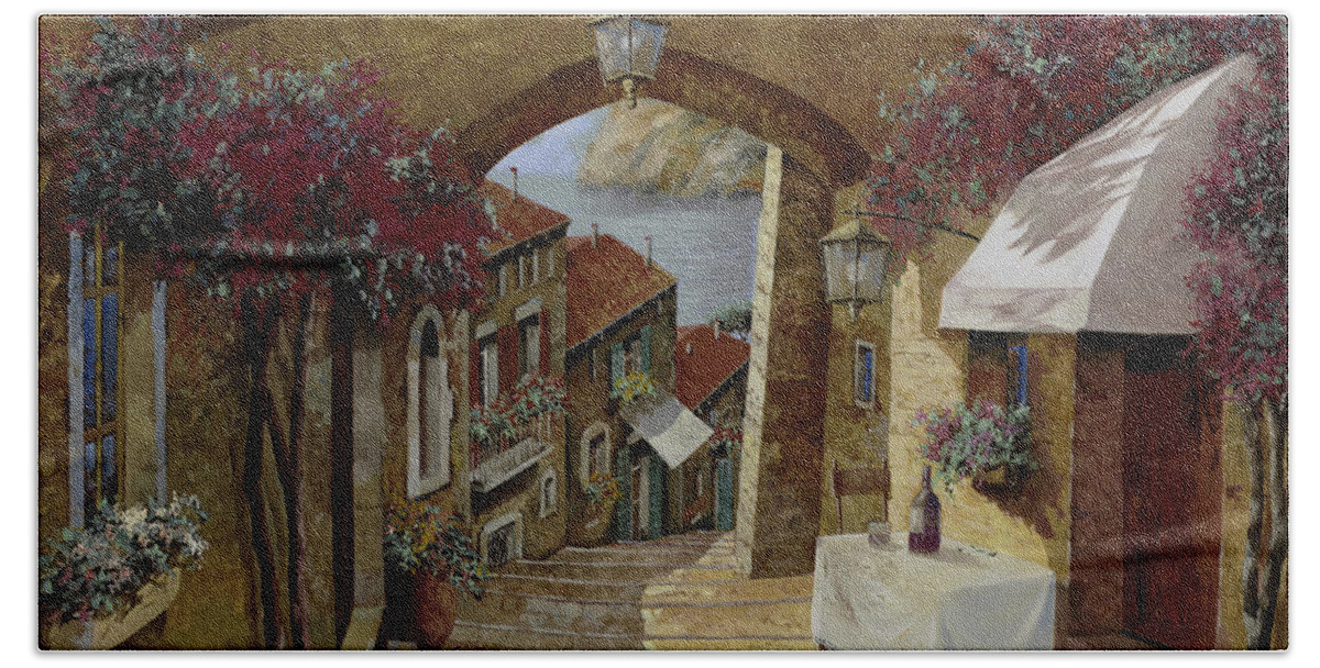 Streetscape Hand Towel featuring the painting Un Bicchiere Sotto Il Lampione by Guido Borelli