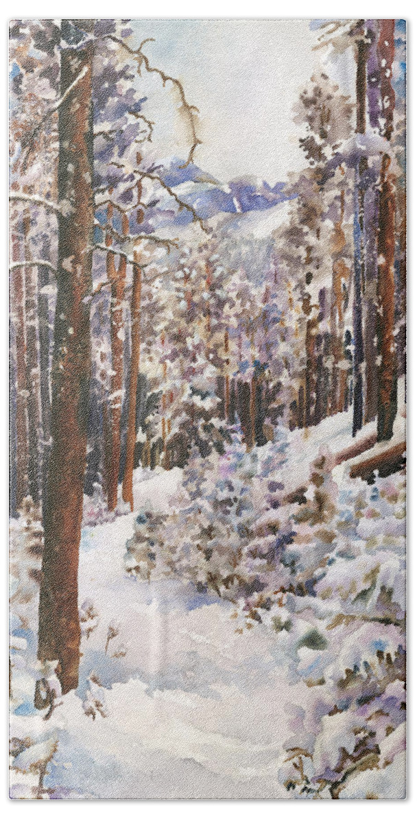 Snow Scene Painting Hand Towel featuring the painting Unbroken Snow by Anne Gifford