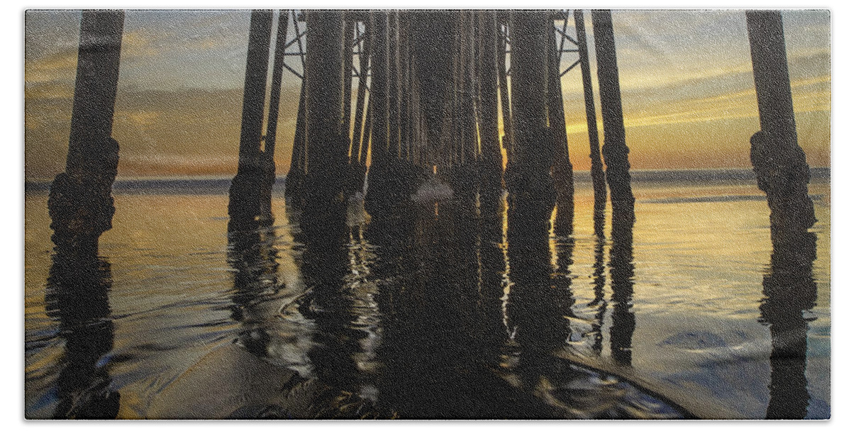 California; Long Exposure; Ocean; Reflection; San Diego; Seascape; Sunset; Surf; Sun; Clouds Hand Towel featuring the photograph Under the Oceanside Pier 2 by Larry Marshall