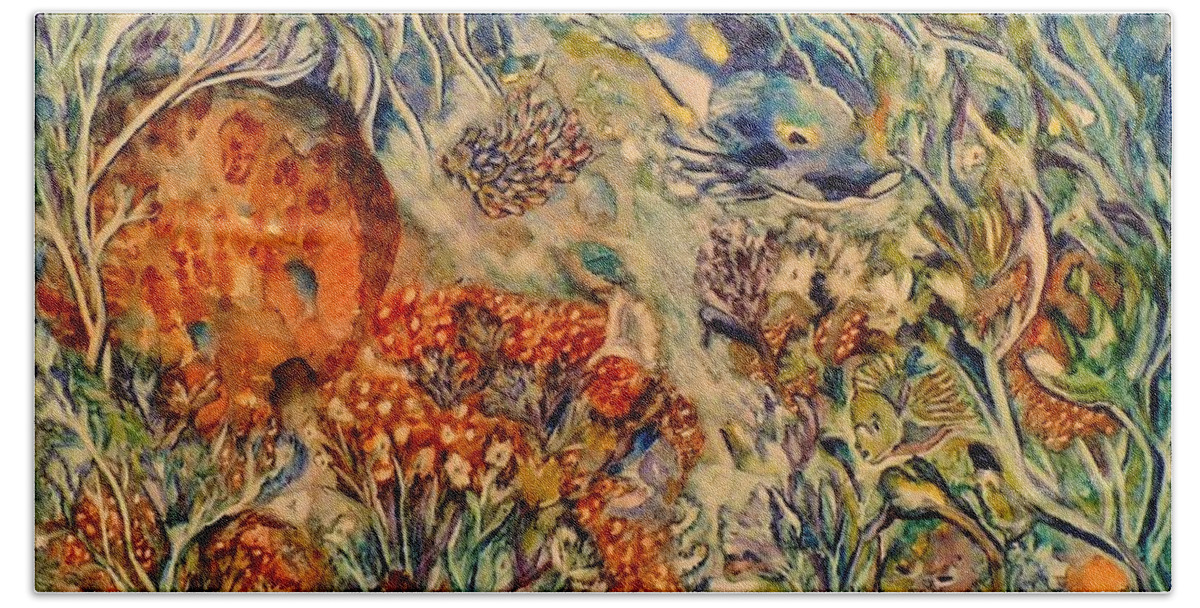 Ksg Bath Towel featuring the painting Undersea Friends by Kim Shuckhart Gunns