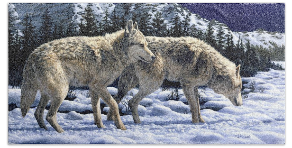 Wolf Bath Sheet featuring the painting Wolves - Unfamiliar Territory by Crista Forest