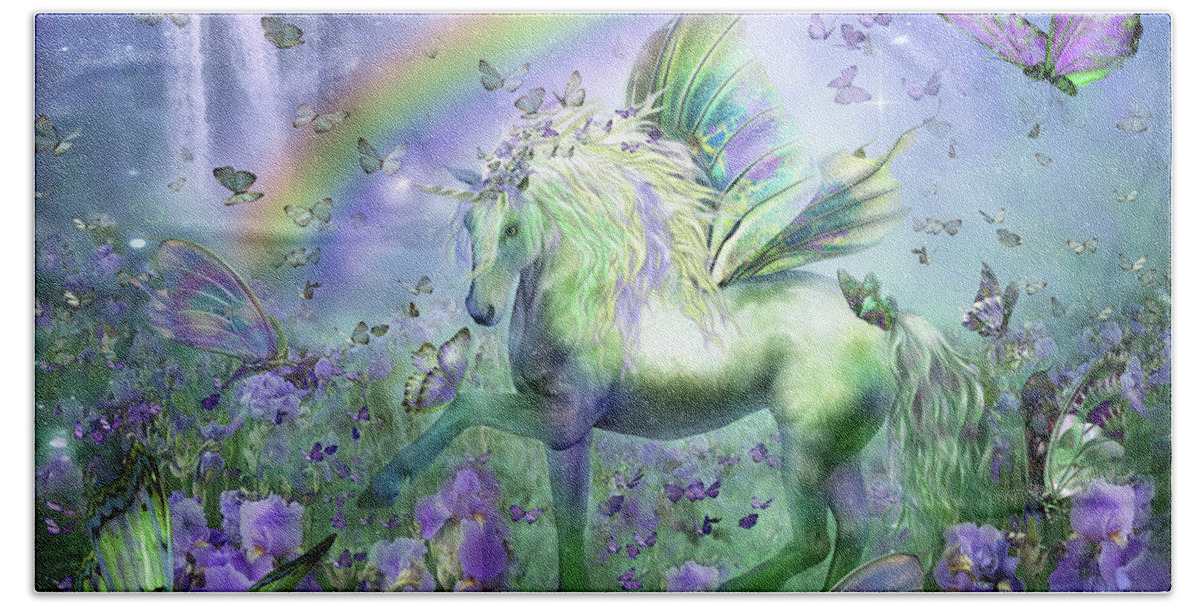 Unicorn Bath Sheet featuring the mixed media Unicorn Of The Butterflies by Carol Cavalaris