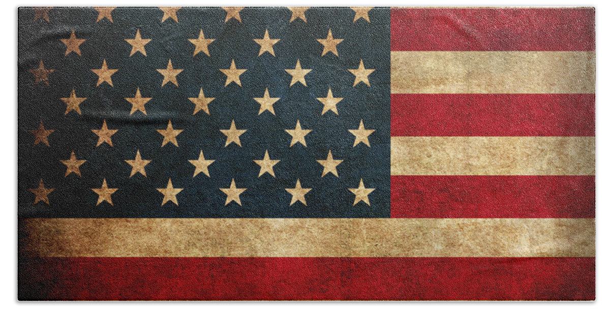 United States American Usa Flag Vintage Distressed Finish On Worn Canvas Hand Towel featuring the mixed media United States American USA Flag Vintage Distressed Finish on Worn Canvas by Design Turnpike