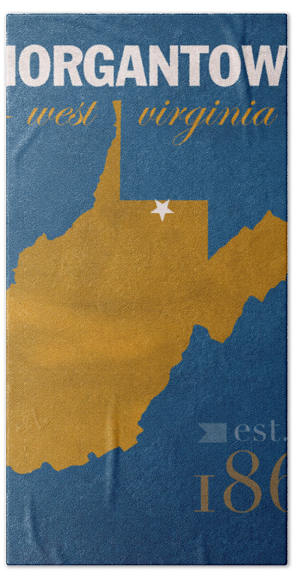 University Of West Virginia Hand Towel featuring the mixed media University of West Virginia Mountaineers Morgantown WV College Town State Map Poster Series No 124 by Design Turnpike