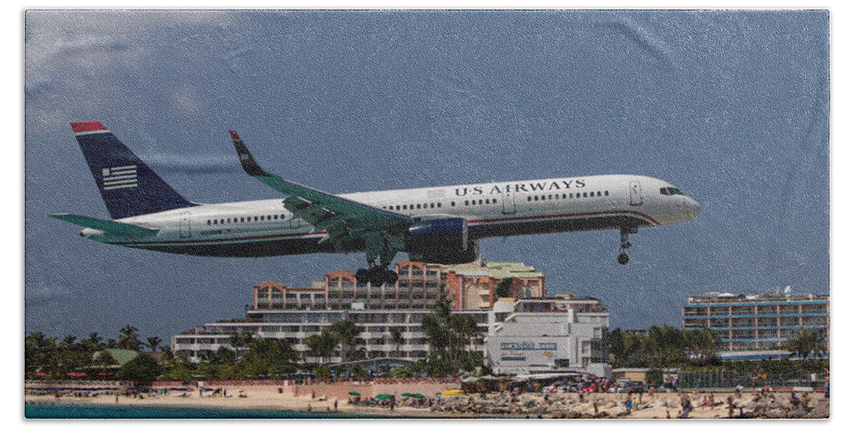 Us Hand Towel featuring the photograph U S Airways at St Maarten by David Gleeson