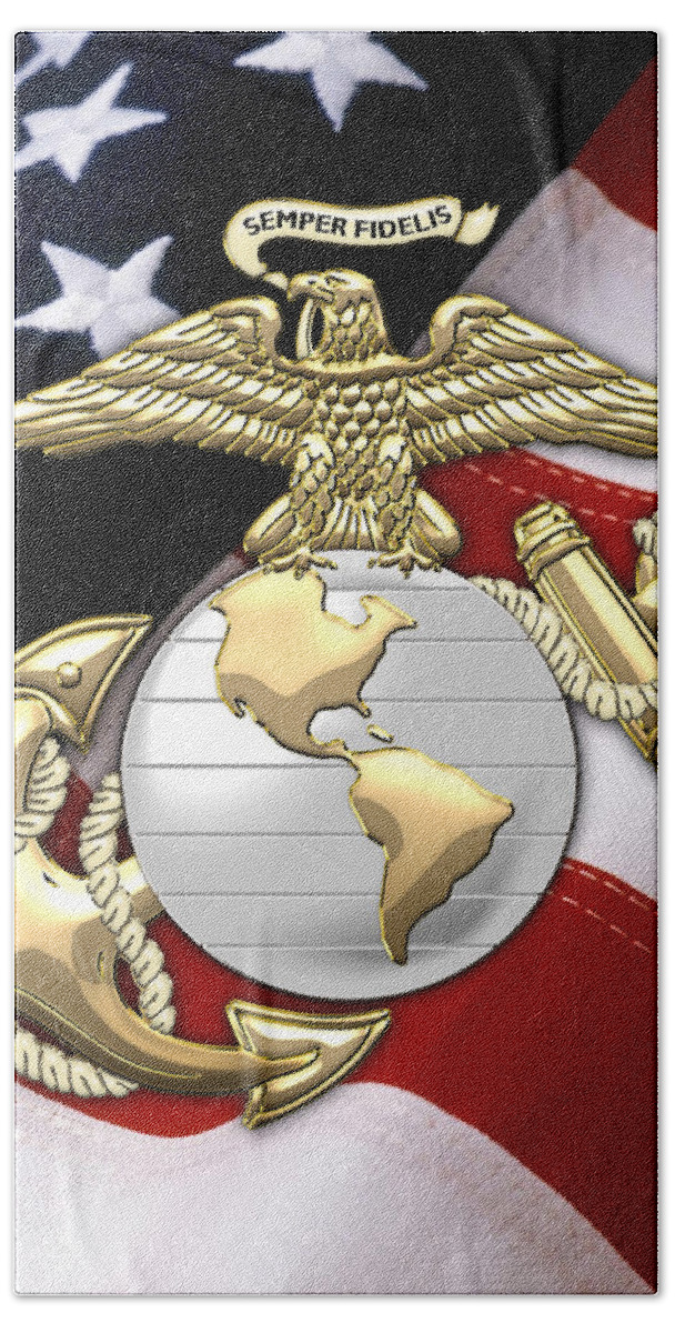 'military Insignia & Heraldry 3d' Collection By Serge Averbukh Hand Towel featuring the digital art U. S. Marine Corps - U S M C Eagle Globe and Anchor over American Flag. by Serge Averbukh