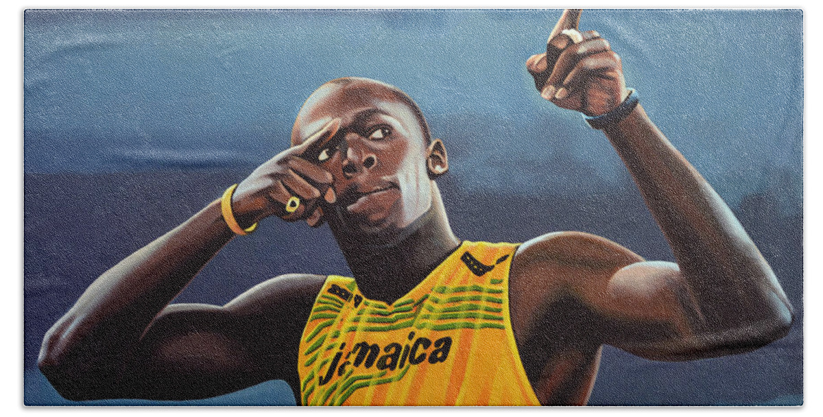 Usain Bolt Hand Towel featuring the painting Usain Bolt Painting by Paul Meijering