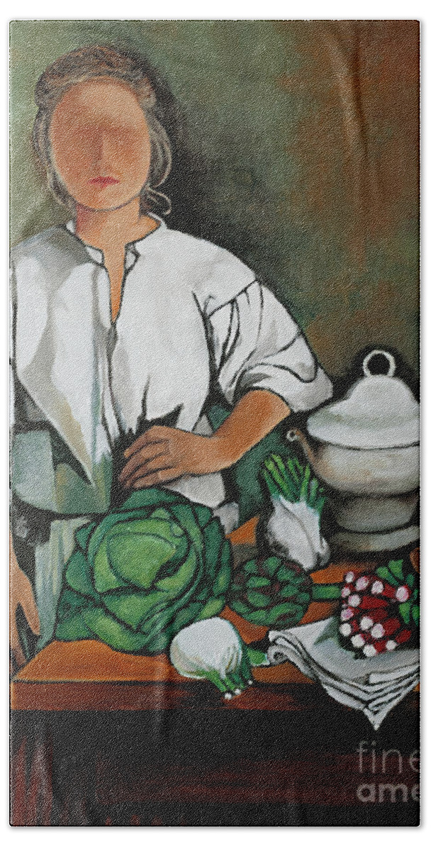 Art Print Hand Towel featuring the painting Vegetable Lady Wall Art by William Cain