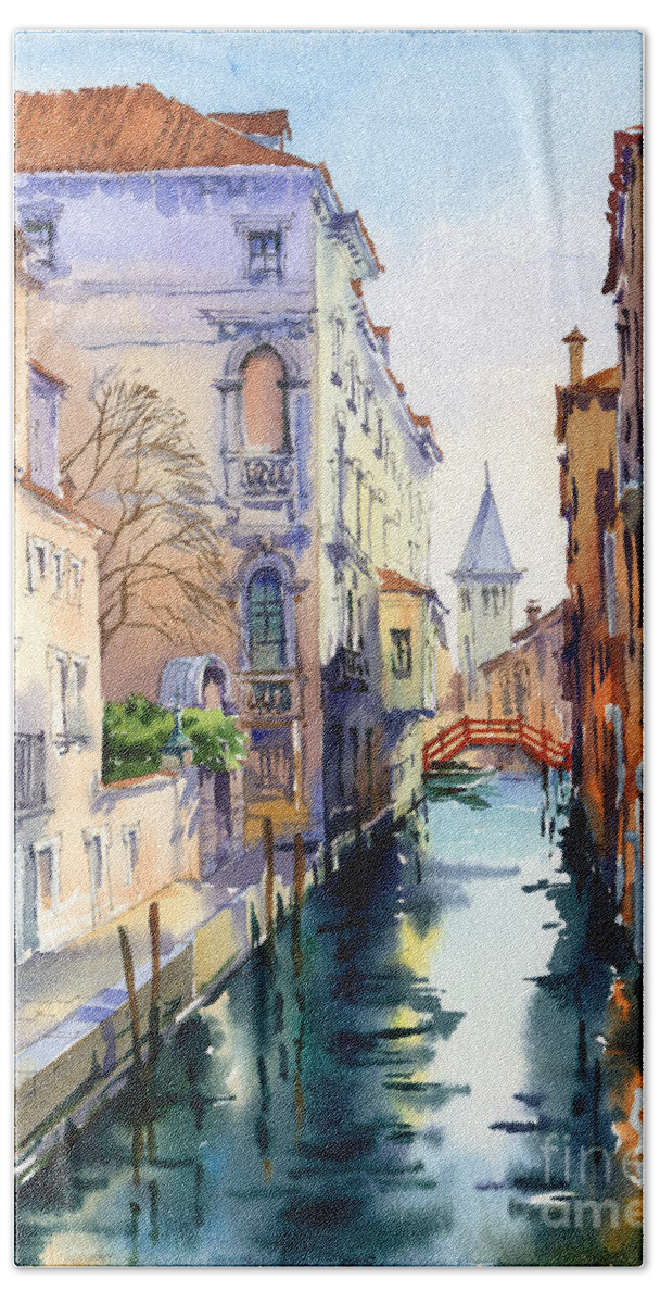 Venetian Canal Bath Towel featuring the painting Venetian Canal V by Maria Rabinky