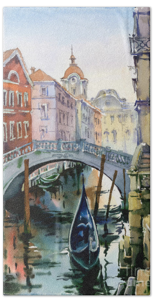 Venetian Canal Bath Towel featuring the painting Venetian Canal VI by Maria Rabinky