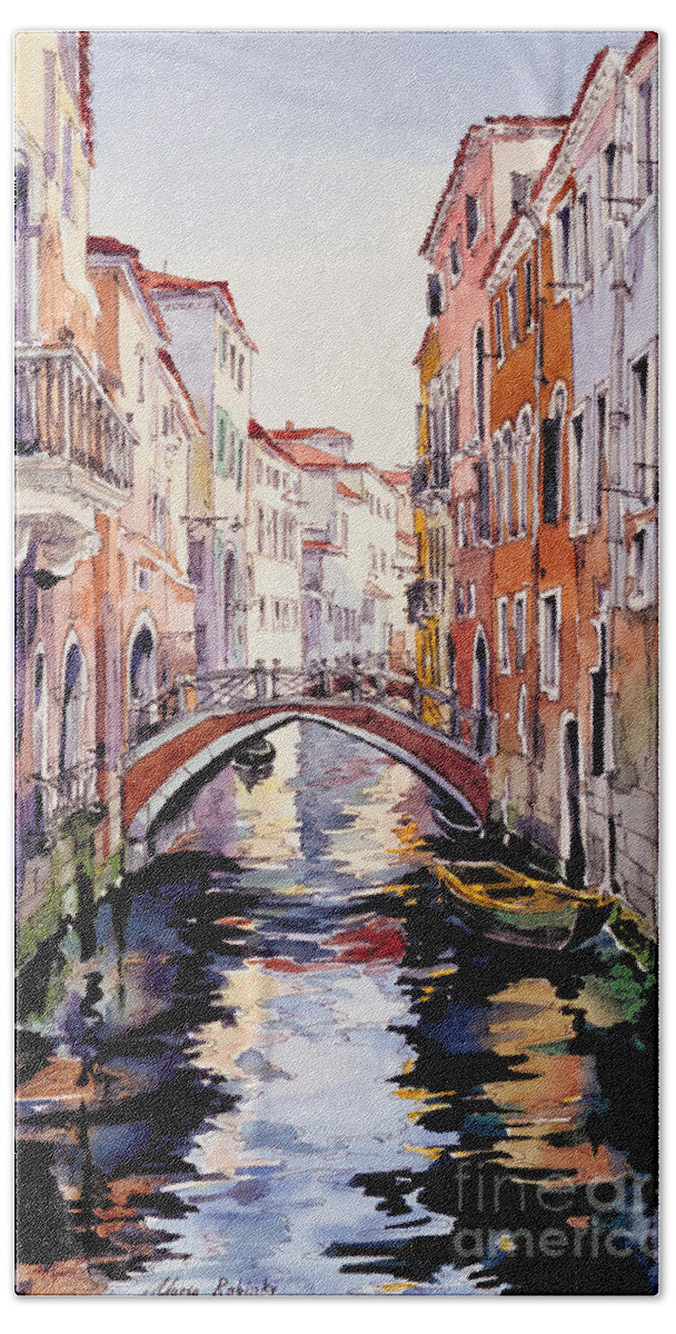 Venetian Sunlight Bath Towel featuring the painting Venetian Sunlight by Maria Rabinky