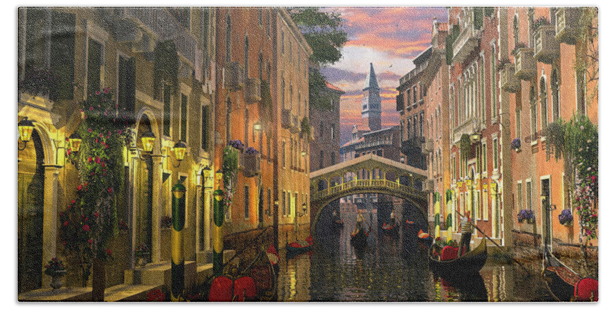 Venice Hand Towel featuring the digital art Venice at Dusk by MGL Meiklejohn Graphics Licensing